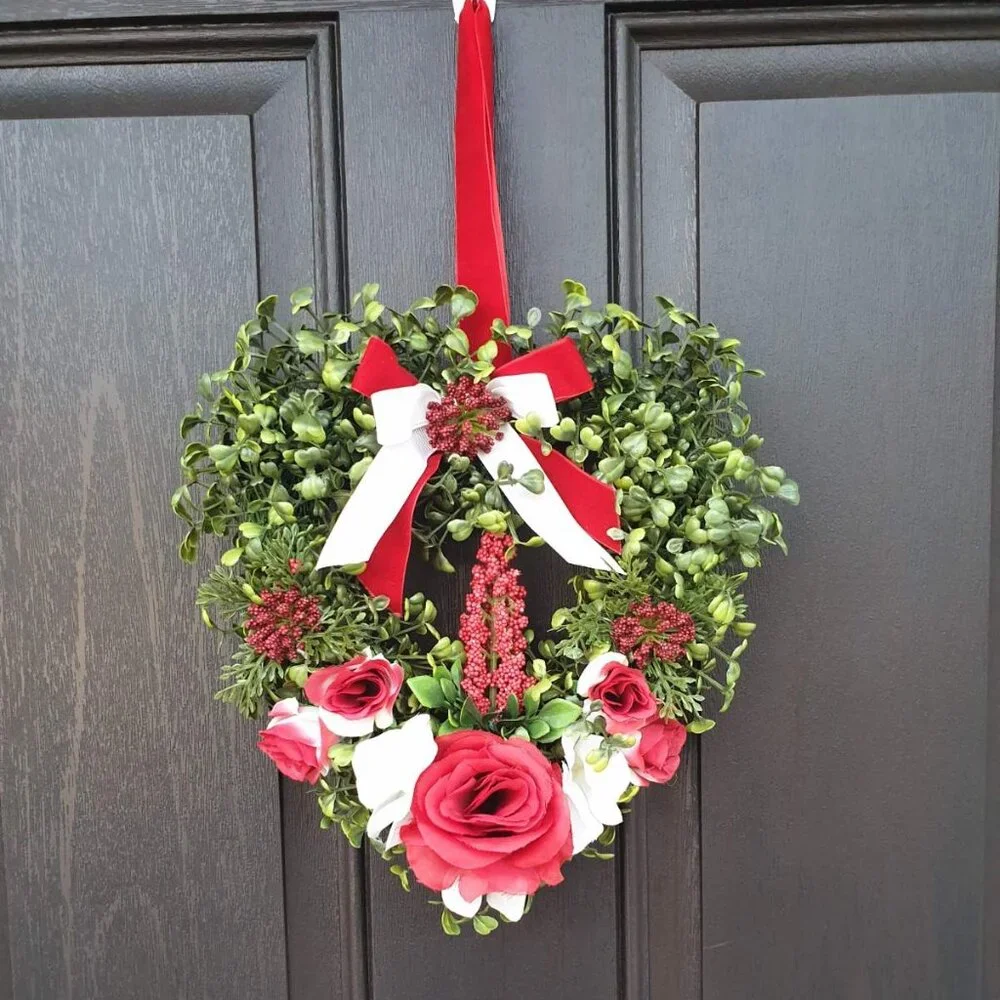 Heart Wreath Red Green Roses Wall Hanger Door Home Office Valentine Decoration